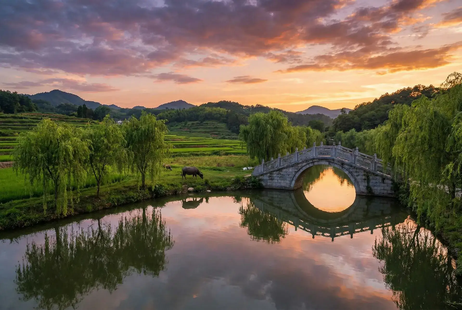 夕阳下的石拱桥与垂柳，水牛在河边吃草 - 中文字幕在线观看亚洲日韩 乡村美景